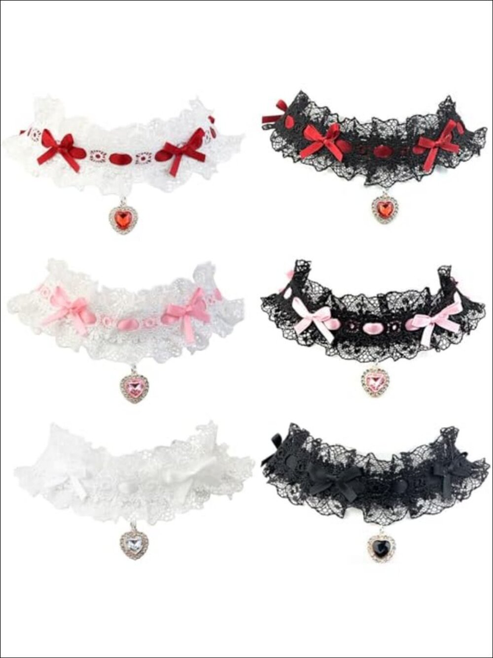 Lace Bow Choker Necklace with Rhinestone Heart Pendant, Goth Cosplay Jewelry